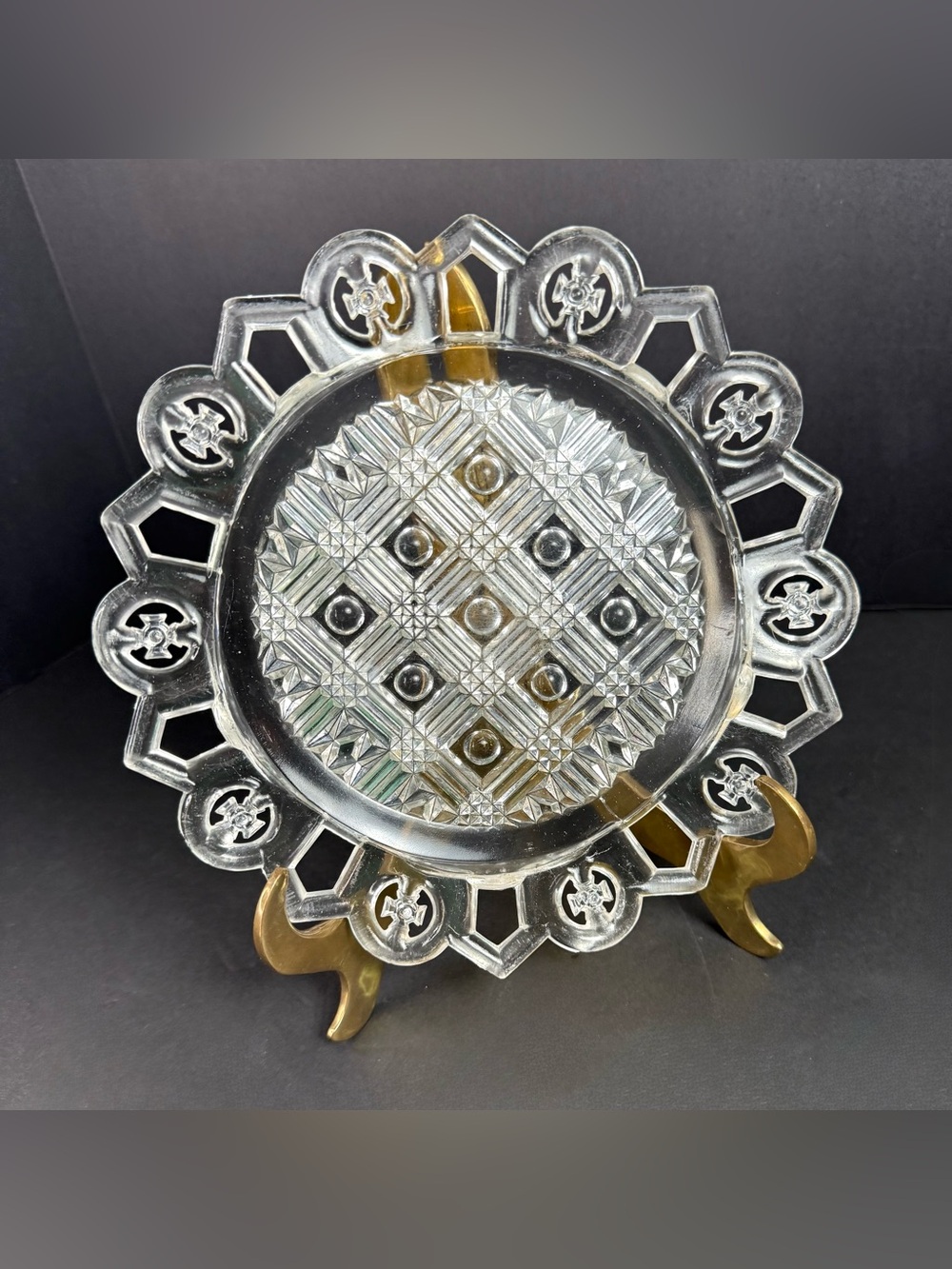 Antique c1890 Bryce Bros Troy Pattern Maltese Cross Clear Ornate Glass 7” Plate